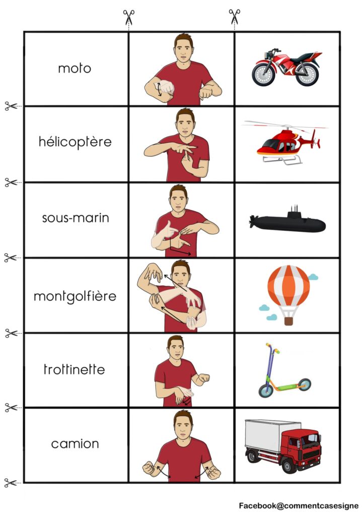 Les transports en langue des signes française : voiture, avion, bateau, bus, vélo, train, moto, hélicoptère, sous-marin, montgolfière, trottinette, camion 