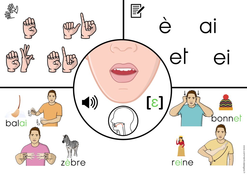 Supports de phonologie avec :  lecture labiale,  position de la langue, dactylologie, signes en LSF, son en phonétique mots écrits et images