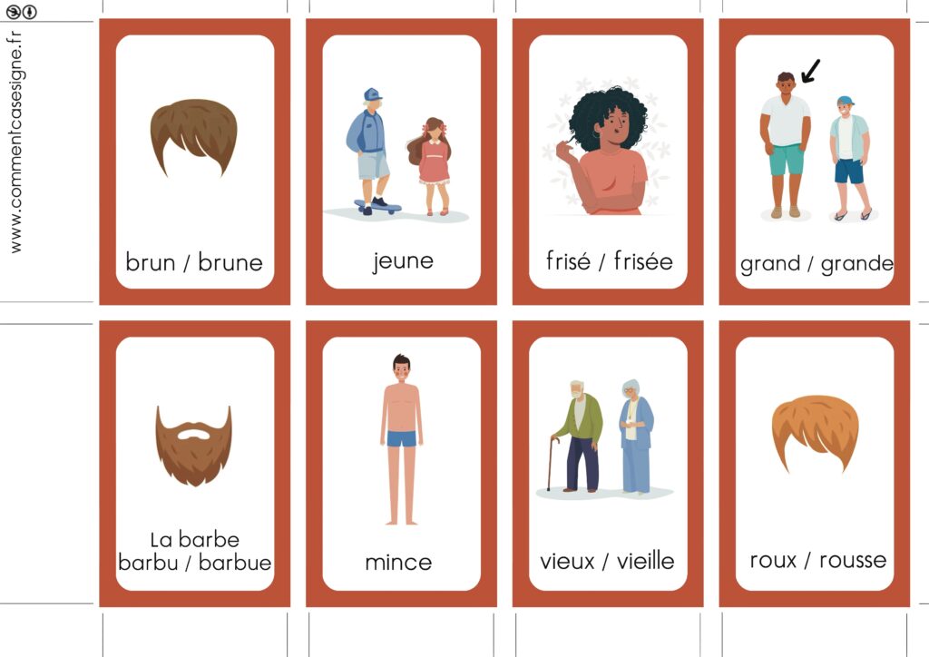 La description en langue des signes française : femme, homme, jeune, vieux, vieille, blond, blonde, roux, rousse, brun, brune, frisé, frisée, chauve, mince, gros, grosse, musclé, musclée, tâches de rousseur, barbe, barbu, barbue, grand, grande, petit, petite