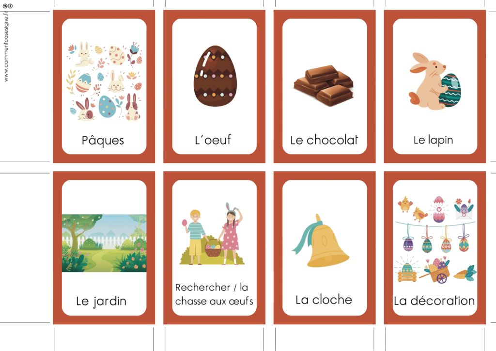 Pâques en langue des signes française : oeuf, chocolat, cloche, lapin, jardin, peinture, peindre, décoration rechercher, chasse aux oeufs, trouver, cocotte, férié