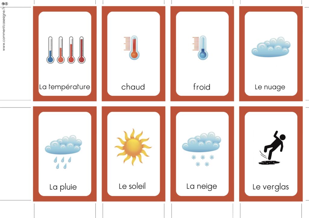 météo, température, chaud, froid, soleil, brouillard, pluie, arc-en-ciel, vent, tornade, orage, éclair, grêle, nuage, neige, canicule, verglas