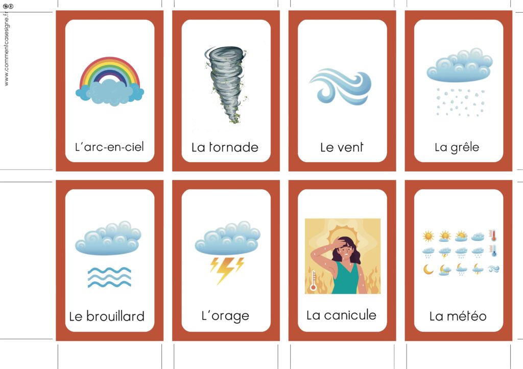 météo, température, chaud, froid, soleil, brouillard, pluie, arc-en-ciel, vent, tornade, orage, éclair, grêle, nuage, neige, canicule, verglas